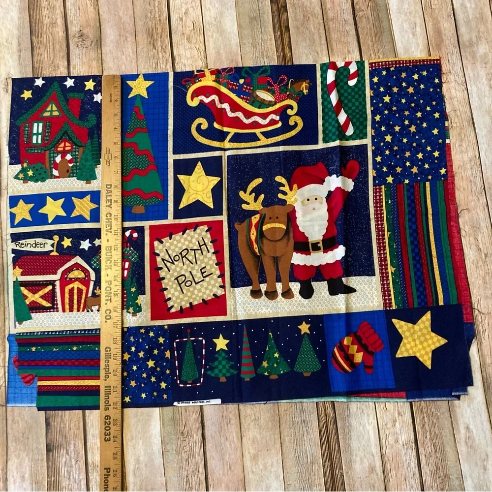 Colorful Holiday Fabric Panel with Santa and Reindeer New 30” X 44”